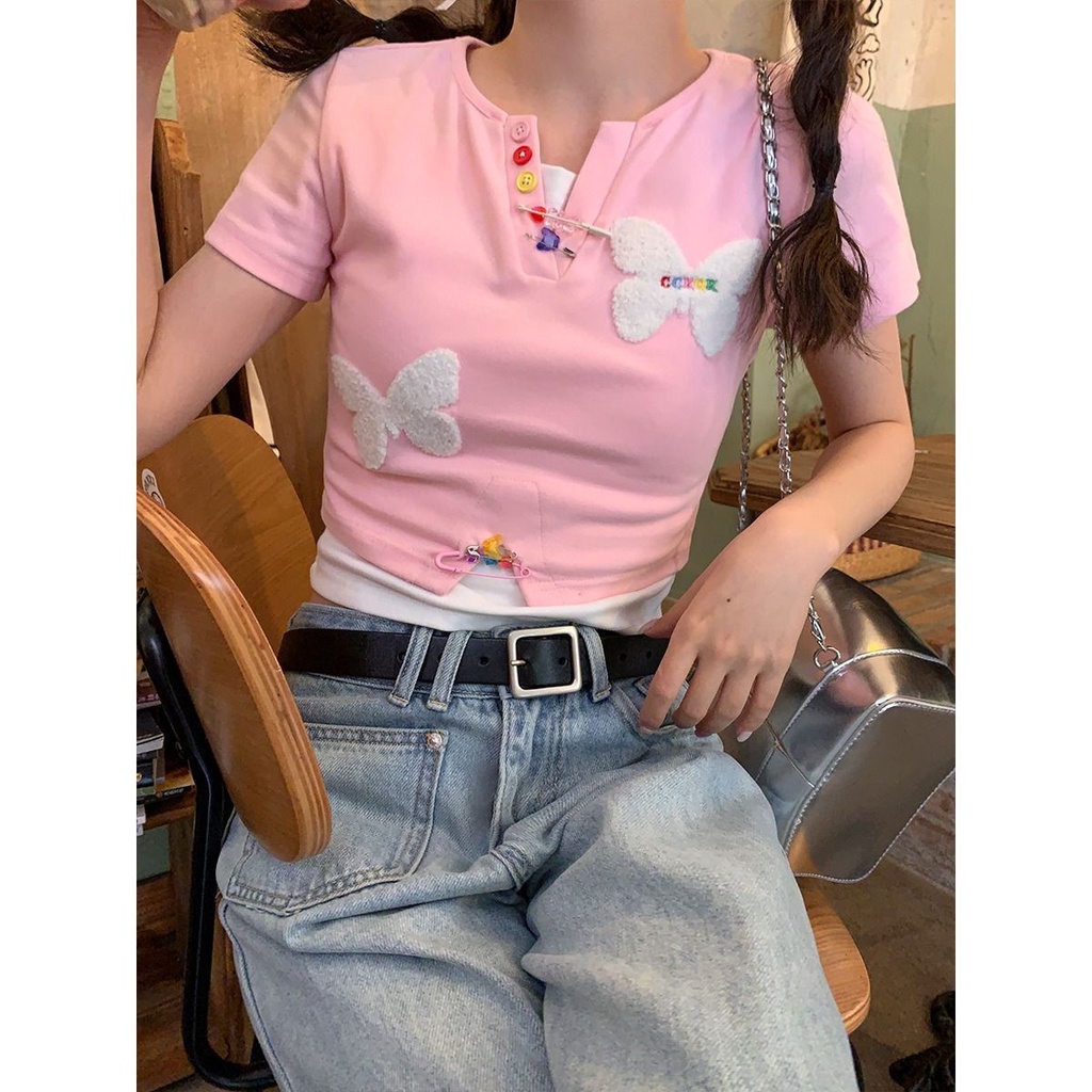 Áo Thun Tay Ngắn Giả Hai Lớp Dáng Ôm Họa Tiết Bướm Dễ Thương Thời Trang Mùa Hè