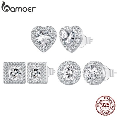 Bông tai bạc BAMOER 925 Giá cả phải chăng Vòng tròn sang trọng / Hình trái tim / Vuông dành cho nữ