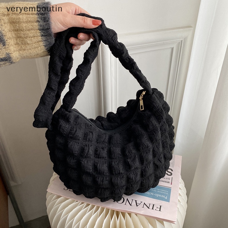 Túi Tote Đeo Vai Cotton Sức Chứa Lớn Xếp Ly Chần Bông Họa Tiết Kẻ Sọc Thời Trang Cho Nữ n