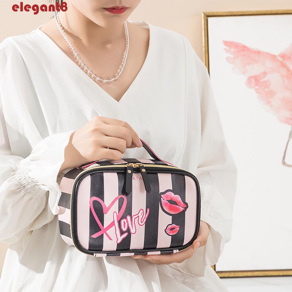 ELEGANT Túi Đựng Mỹ Phẩm Đa Năng Chống Thấm Nước Họa Tiết Kẻ Sọc / Trái Tim Xinh Xắn Cho Nữ
