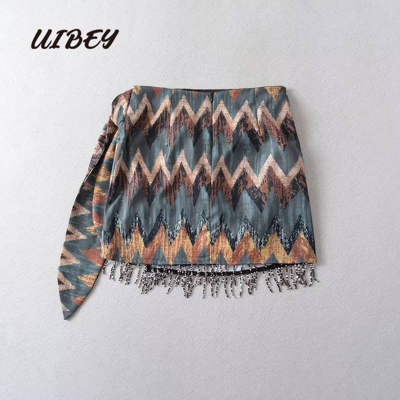 Uibey Chân Váy Dài Lưng Cao In Họa Tiết Phối Tua Rua Xinh Xắn 3069