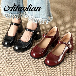 Giày da cao gót 5cm mũi tròn phong cách lolita cho nữ