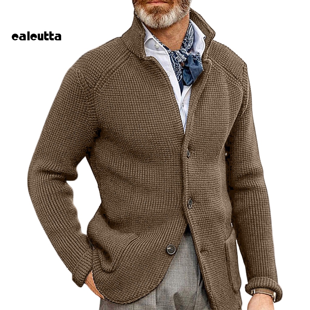 [calcutta] Áo Khoác Sweater Dệt Kim Dày Dặn Tay Dài Cổ Đứng Cài Nút Màu Trơn Thời Trang Thu Đông Cho Nam