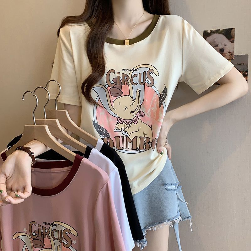 Áo Thun Tay Ngắn Dáng Rộng In Họa Tiết Màu Sắc Tương Phản Thời Trang Cho Nữ Có 4 Màu