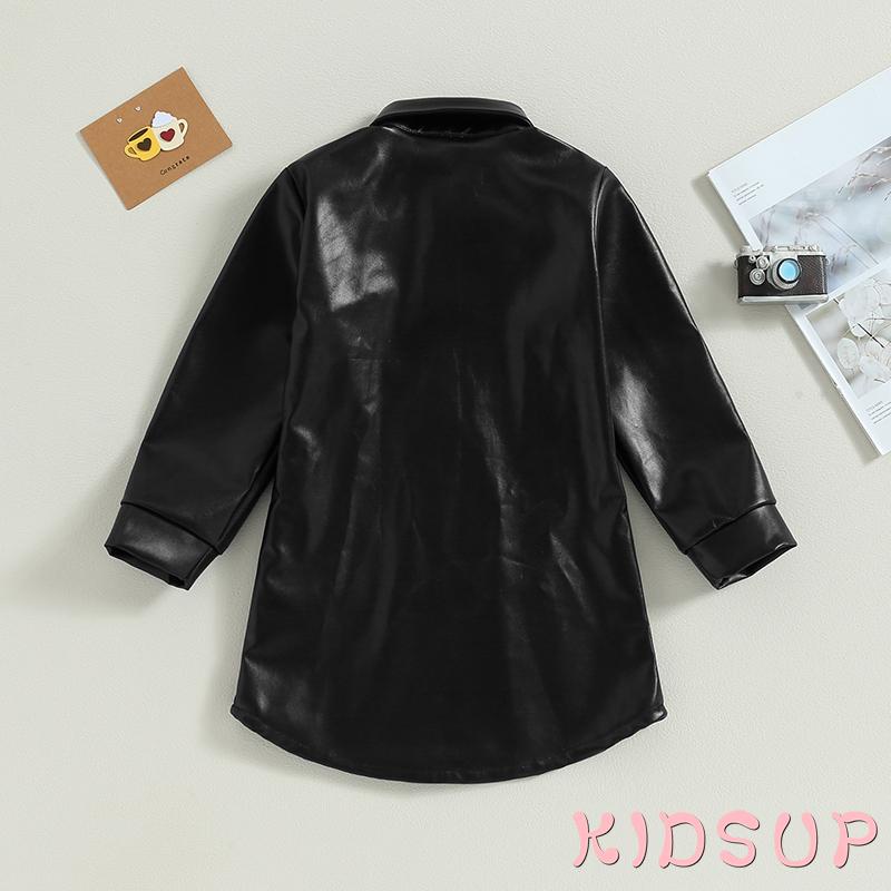 Đầm Sơ Mi Da PU Tay Dài Màu Trơn Cổ Bẻ Cài Khuy Trước Thời Trang Cho Bé Gái 1 Tuổi