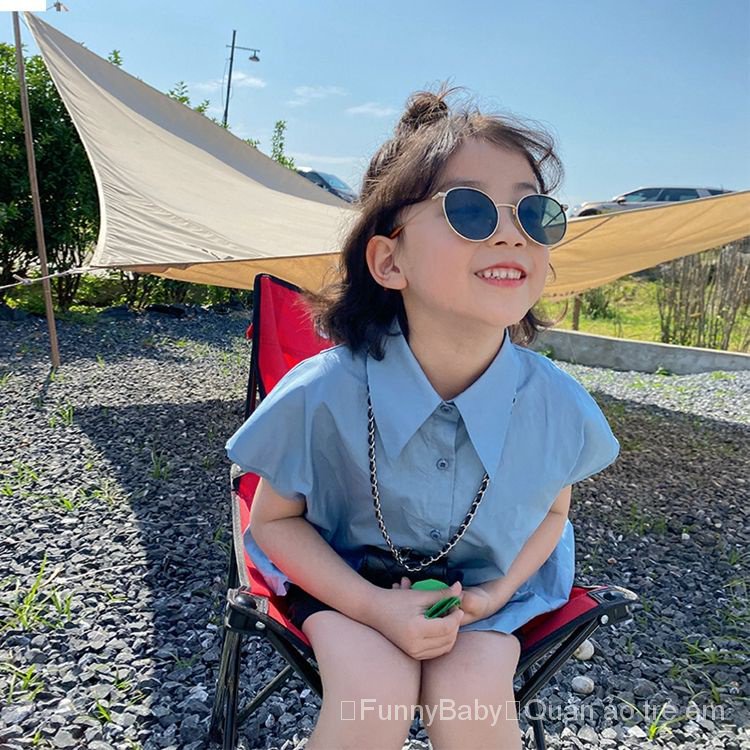 Bộ Áo Sơ Mi Xanh Dương / Đen Xẻ Tà + Quần Đùi Phong Cách Hàn Quốc Thời Trang Mùa Hè 2023 Cho Bé