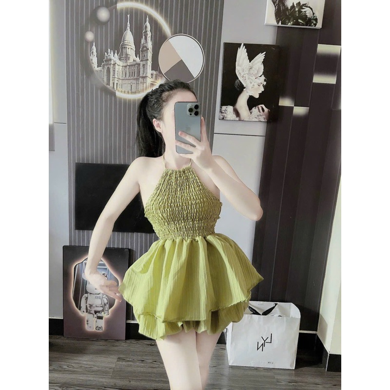 Set Bộ Đũi Dọc Dừa Áo Yếm Cúp Mút Nhún Ngực Hở Lưng Bảng Ngang Xoè + Quần Short Đùi alohashop91