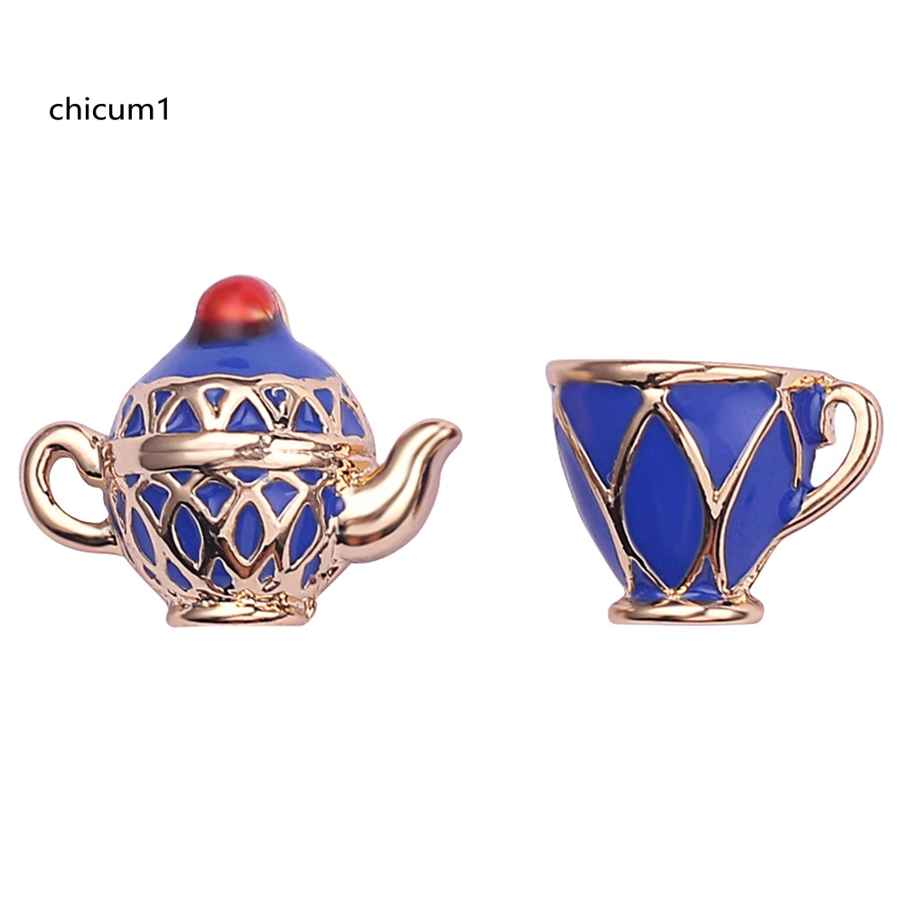 Khuyên Tai Hình Ấm Trà Tráng Men Không Đối Xứng Phong Cách Vintage