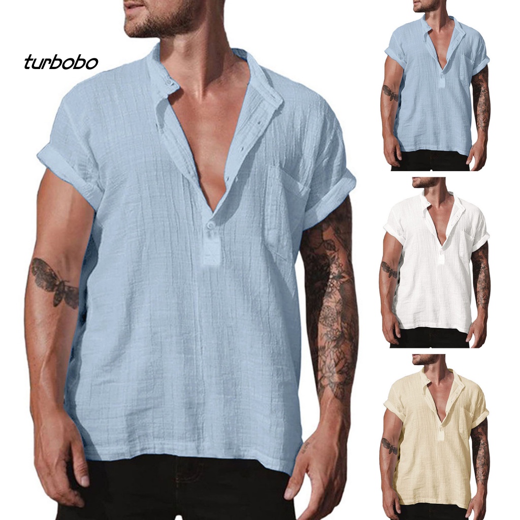 Áo Thun Tay Ngắn Cổ Đứng Dáng Rộng Màu Trơn Cài Nút Thời Trang Mùa Hè Cho Nam