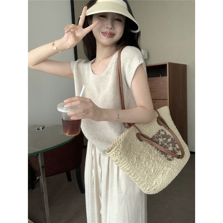Áo Thun Dệt Kim Mỏng Tay Ngắn Dáng Rộng Phong Cách Hàn Quốc 5OVT