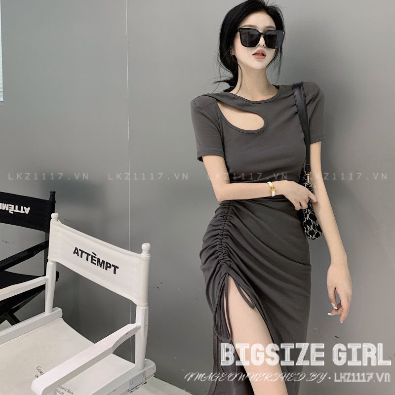 Váy đầm nữ Bigsize Đầm body Sexy dáng dài tay ngắn cổ tròn thiết kế dây rút xẻ tà mùa hè Phong cách Hàn Quốc Thời Trang đẹp