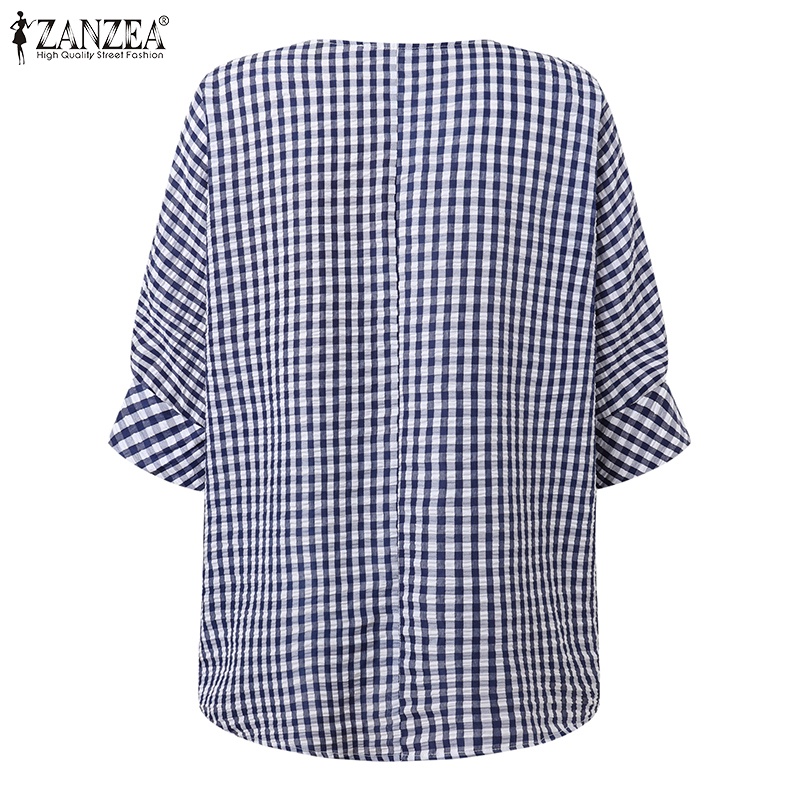 ZANZEA Áo Cánh Dơi 3 / 4 Hở Lưng Họa Tiết Sọc Caro Thời Trang Cho Nữ