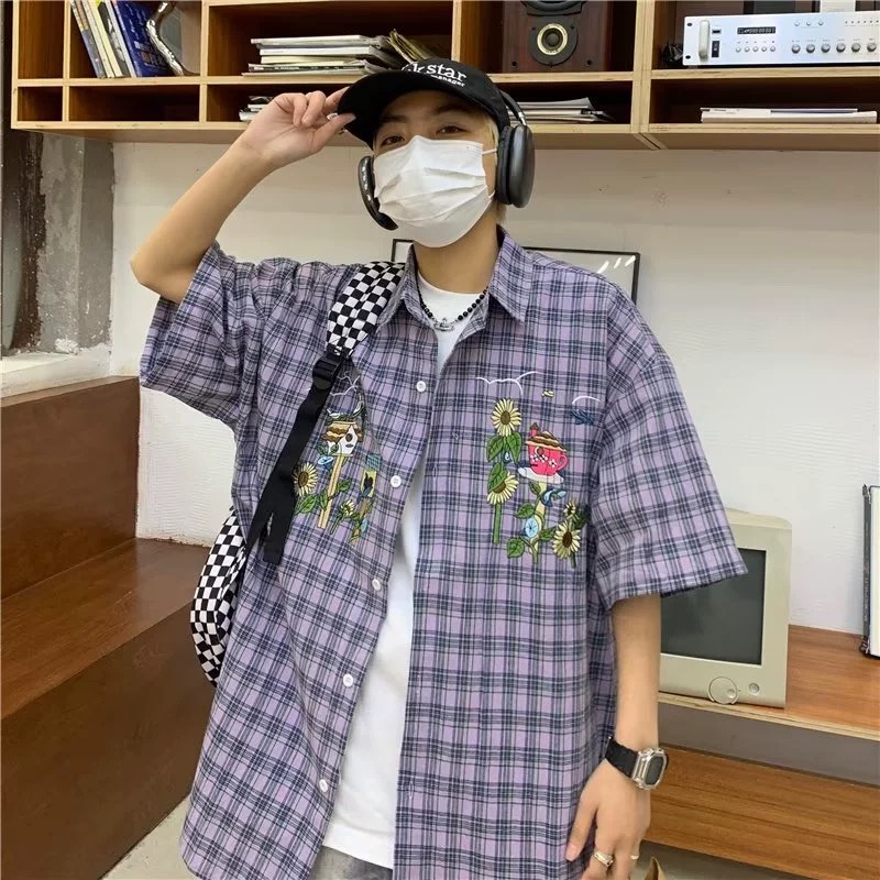 Áo Sơ Mi Nam Dáng Rộng Họa Tiết Caro Thời Trang Phong Cách Hàn Quốc