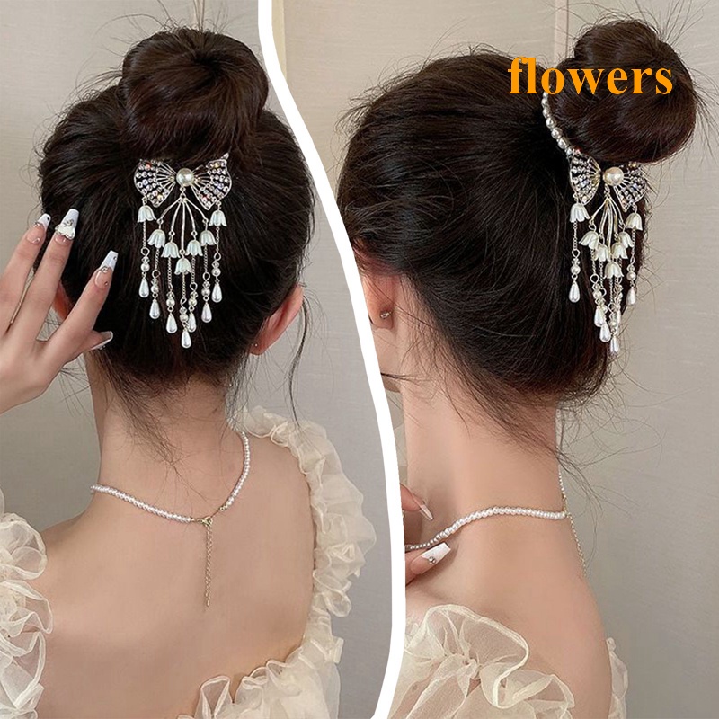 Kẹp Tóc Hình Nơ Đính Ngọc Trai Giả Bằng Kim Loại Màu Vàng Thời Trang Cho Nữ