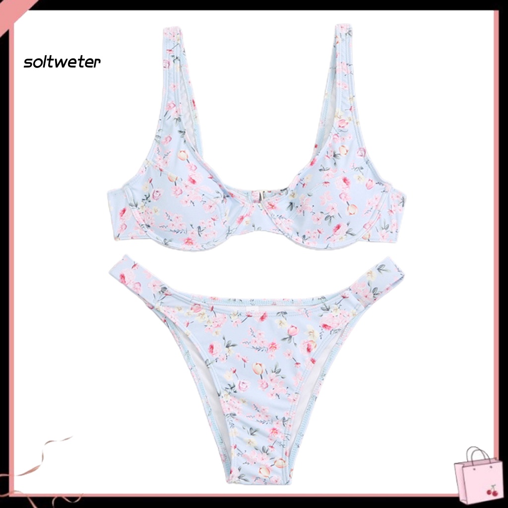 Bộ Đồ Bơi Bikini 2 Mảnh Hở Vai Họa Tiết Hoa Quyến Rũ Cho Nữ