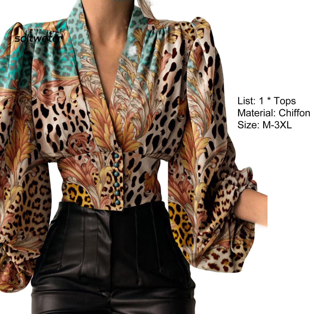 Áo Sơ Mi Croptop Tay Dài Phồng Cổ Chữ V Cài Nút In Họa Tiết Hoa Phong Cách Cổ Điển Thời Trang Cho Nữ