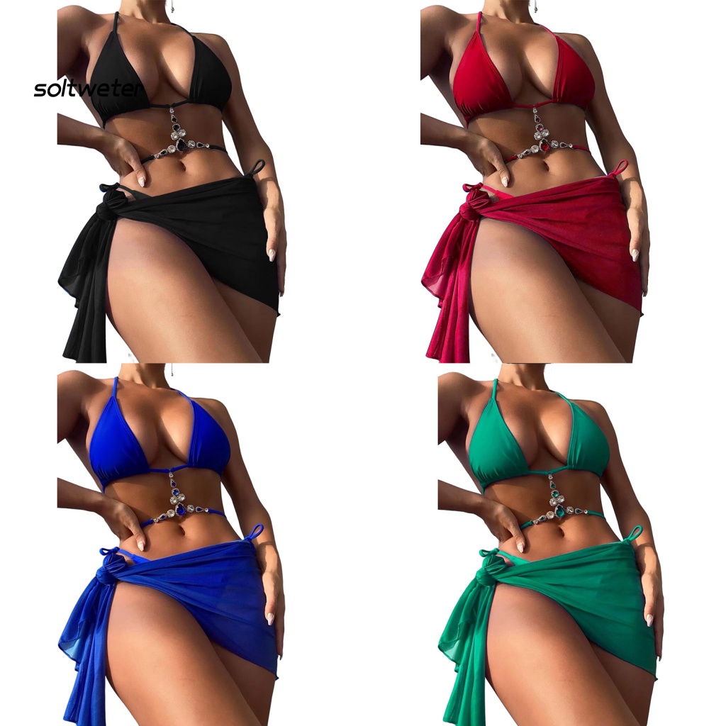 Bộ Bikini 3 Món Màu Sắc Trơn Có Dây Cột Và Quần Lót Lưng Thấp Chống Nắng Thời Trang Đi Biển Quyến Rũ