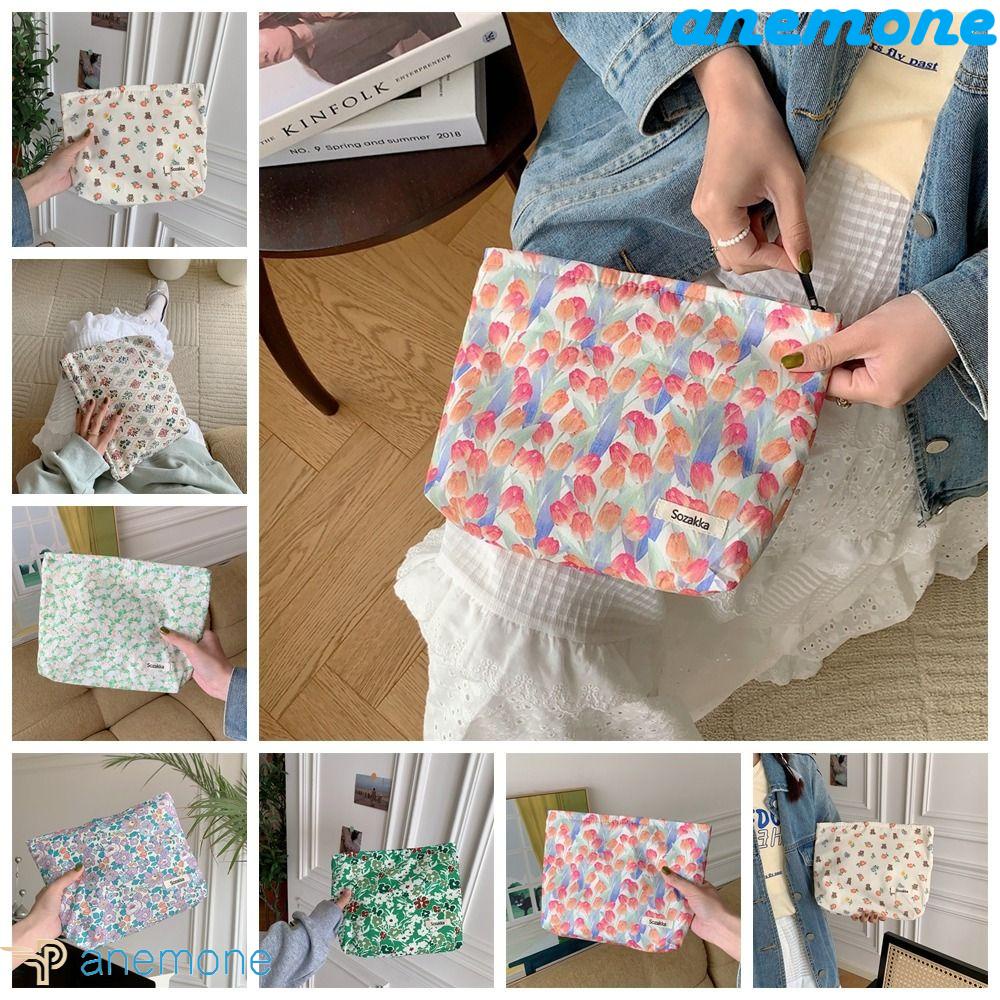 ANEMONE Túi Đựng Đồ Trang Điểm Vải Cotton Hình Vuông Cỡ Lớn Đa Năng Họa Tiết Hoa Xinh Xắn Cho Nữ