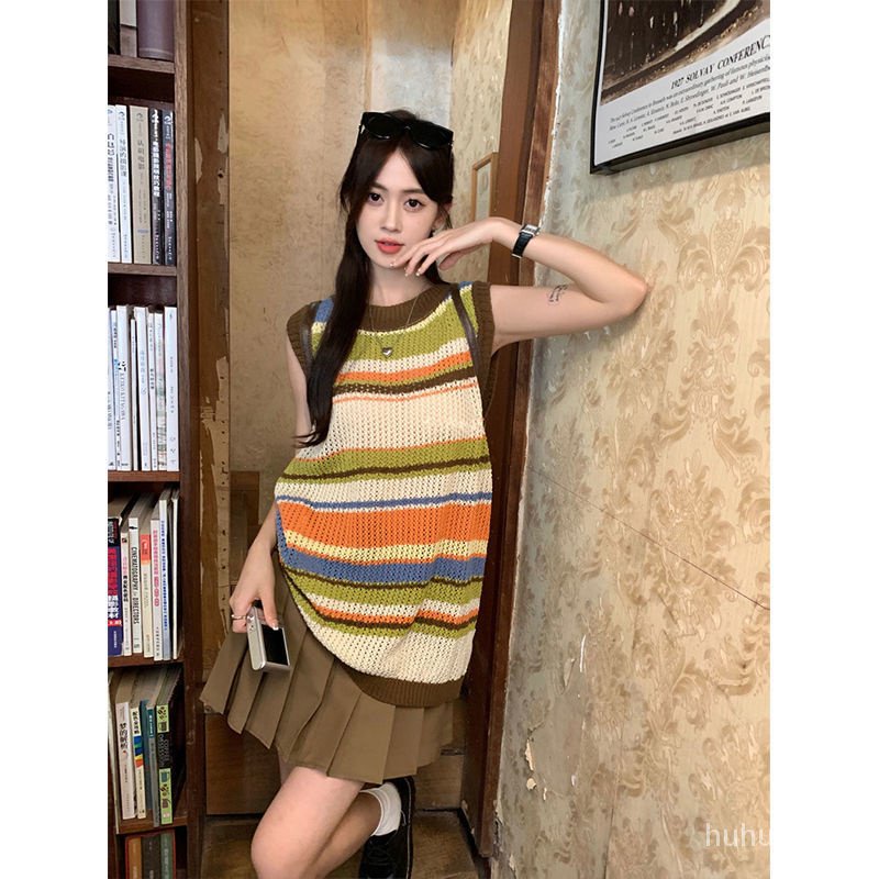 Áo Len Không Tay Họa Tiết Kẻ Sọc Màu Sắc Tương Phản Phong Cách Preppy Ngọt Ngào Cho Nữhuhu01.vn712