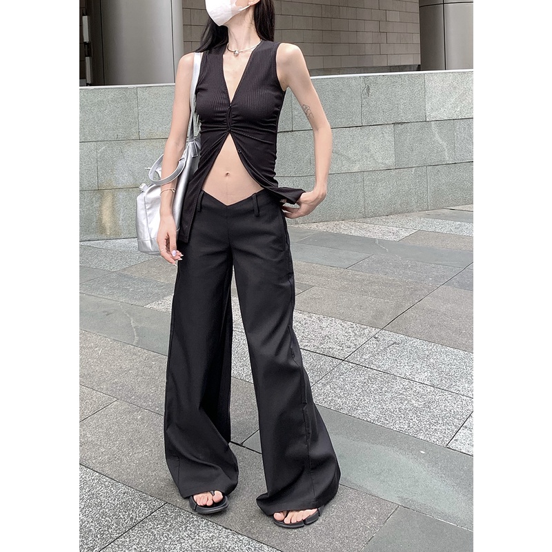「Nonfatgirl」Bộ Áo Cardigan Không Tay + Quần Ống Rộng Lưng Cao Thời Trang Cho Nữ