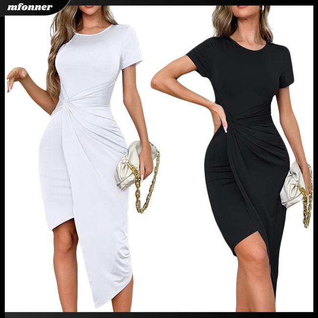 Đầm Tay Ngắn Cổ Tròn Màu Sắc Đơn Giản Dành Cho Nữ