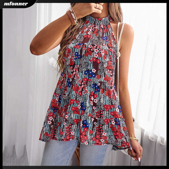 Áo Sơ Mi Không Tay Cổ Giả In Họa Tiết Thời Trang Thoáng Khí Cho Nữ