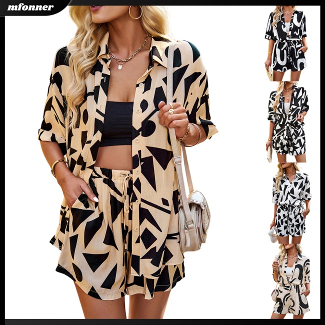 Bộ Trang Phục 2 Mảnh Gồm Áo Sơ Mi Tay Lửng Và Quần Short Họa Tiết Hình Học Thanh Lịch Cho Nữ