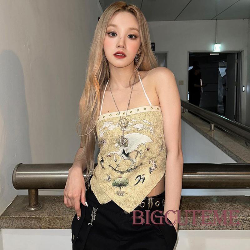 [] - Áo Hai Dây Không Tay Hở Lưng Thắt Nút Không Đối Xứng In Hình Cổ Điển Cho Nữ