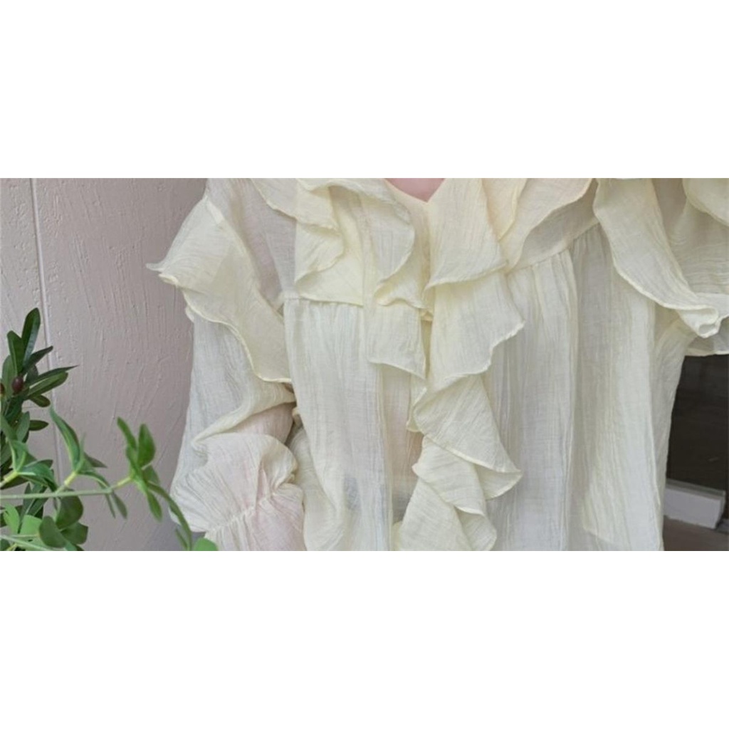 Áo Sơ Mi Chiffon Tay Dài Cổ Chữ v Phối Bèo Màu Tím Thời Trang Mùa Hè Cho Nữ L4EN