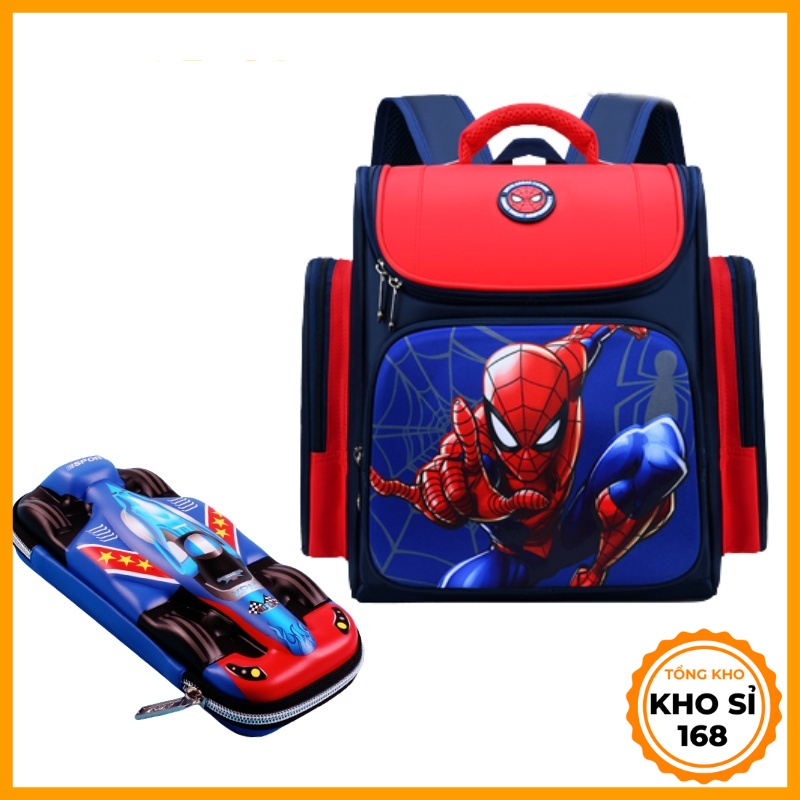Balo siêu nhân người nhện captain kèm hộp bút cho bé trai tiểu học, cặp sách bé trai đi học cấp 1 E105