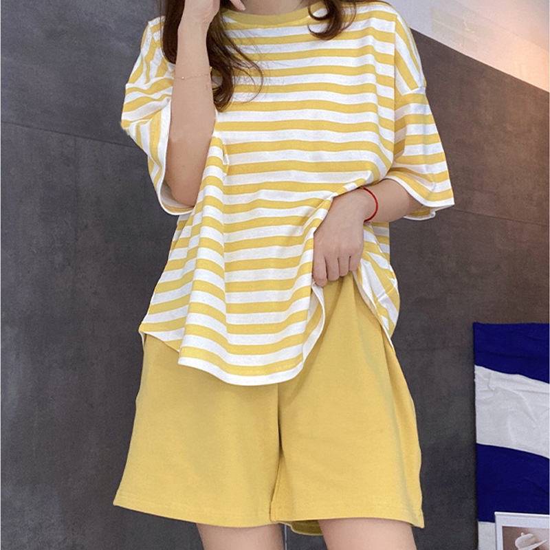 Bộ Đồ Ngủ Vải cotton Mềm Mại Họa Tiết Kẻ Sọc Kèm Mút Đệm Ngực Thời Trang Mùa Hè Cho Nữ