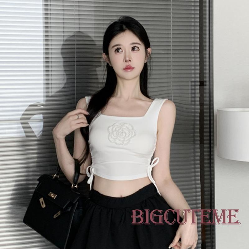 Áo Croptop Không Tay Dây Rút Hở Lưng Thêu Hoa Thời Trang Mùa Hè Dành Cho Nữ