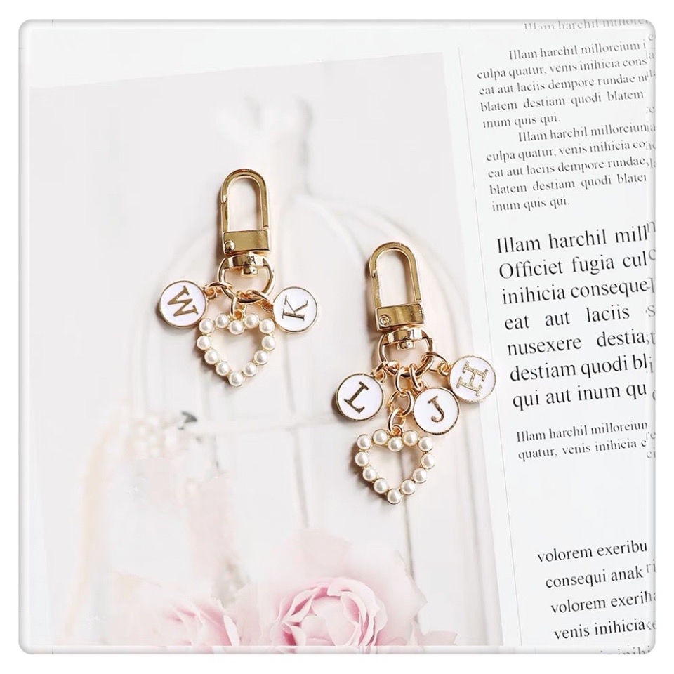 Móc Khóa Hai Mặt Đính Ngọc Trai Hình Trái Tim Cho Cặp Đôi