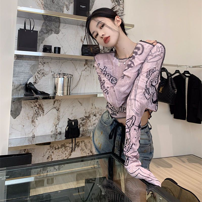 IELGY Áo Thun Tay Dài In Họa Tiết Graffiti Mỏng Thời Trang Mùa Hè Cho Nữ