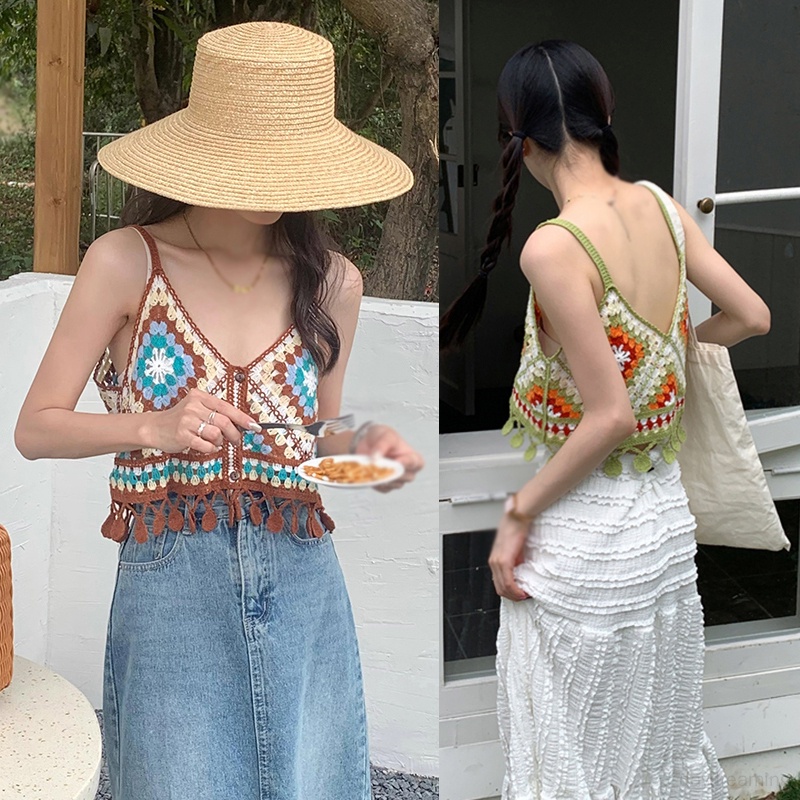 Áo Croptop Dệt Kim Cổ Chữ V Phối Tua Rua Màu Sắc Tương Phản Thời Trang Mùa Hè Cho Nữ