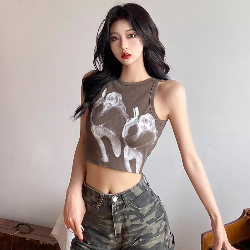 Áo Croptop Sát Nách Cổ Tròn Phong Cách Retro Mỹ