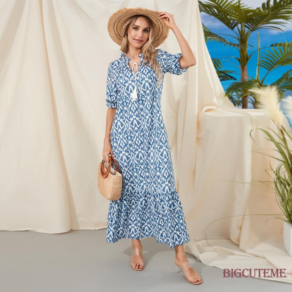 Đầm Dài Dáng Rộng Tay Ngắn Cổ Chữ V In Họa Tiết Hoa / Đồ Họa Thời Trang Mùa Hè Xinh Xắn Cho Nữ