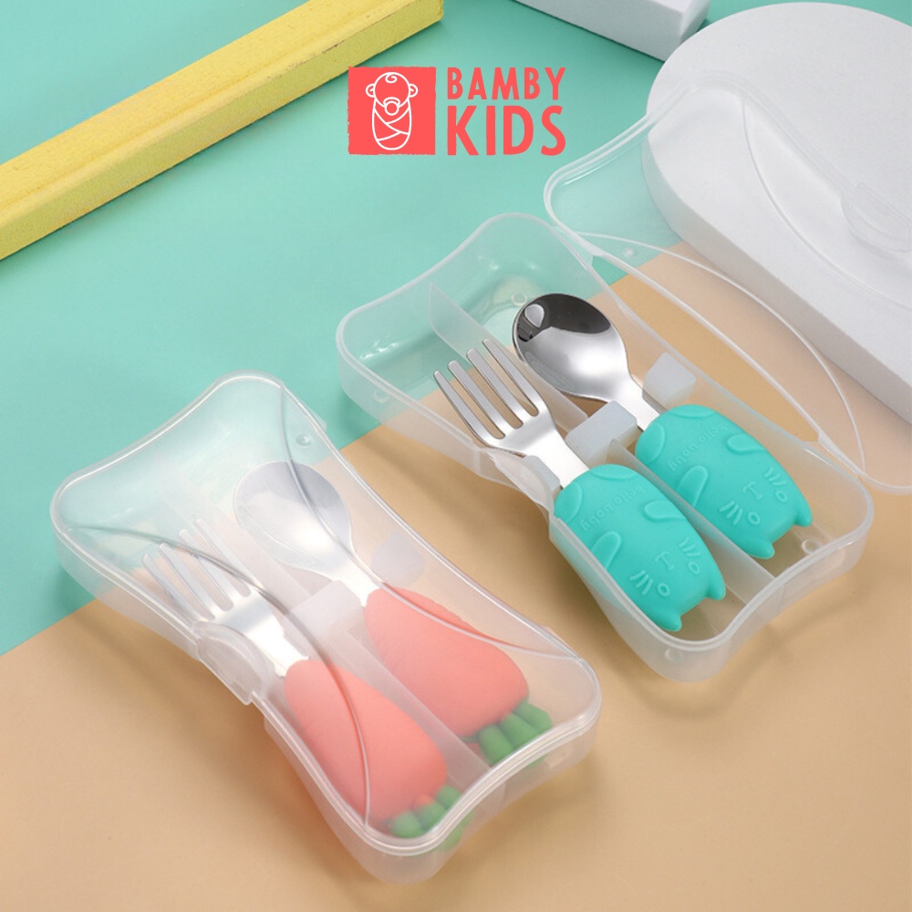 Set thìa dĩa inox 304 cao cấp an toàn cho bé tay cầm silicon Bambykids