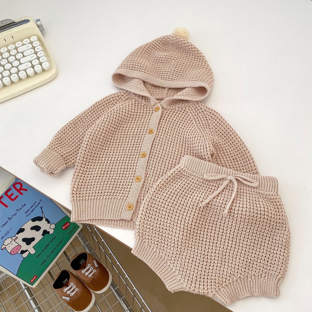 Bộ Áo Cardigan Cotton Có Nón Dệt Kim Màu Trơn Phối Quần Dài Thời Trang Mùa Thu 2023 Cho Bé Gái