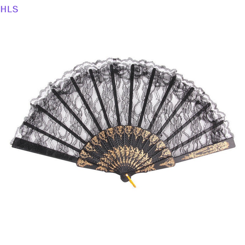 Quạt Xếp Cầm Tay Bằng Lụa Phối Ren Hoa Màu Đen Phong Cách Tây Ban Nha