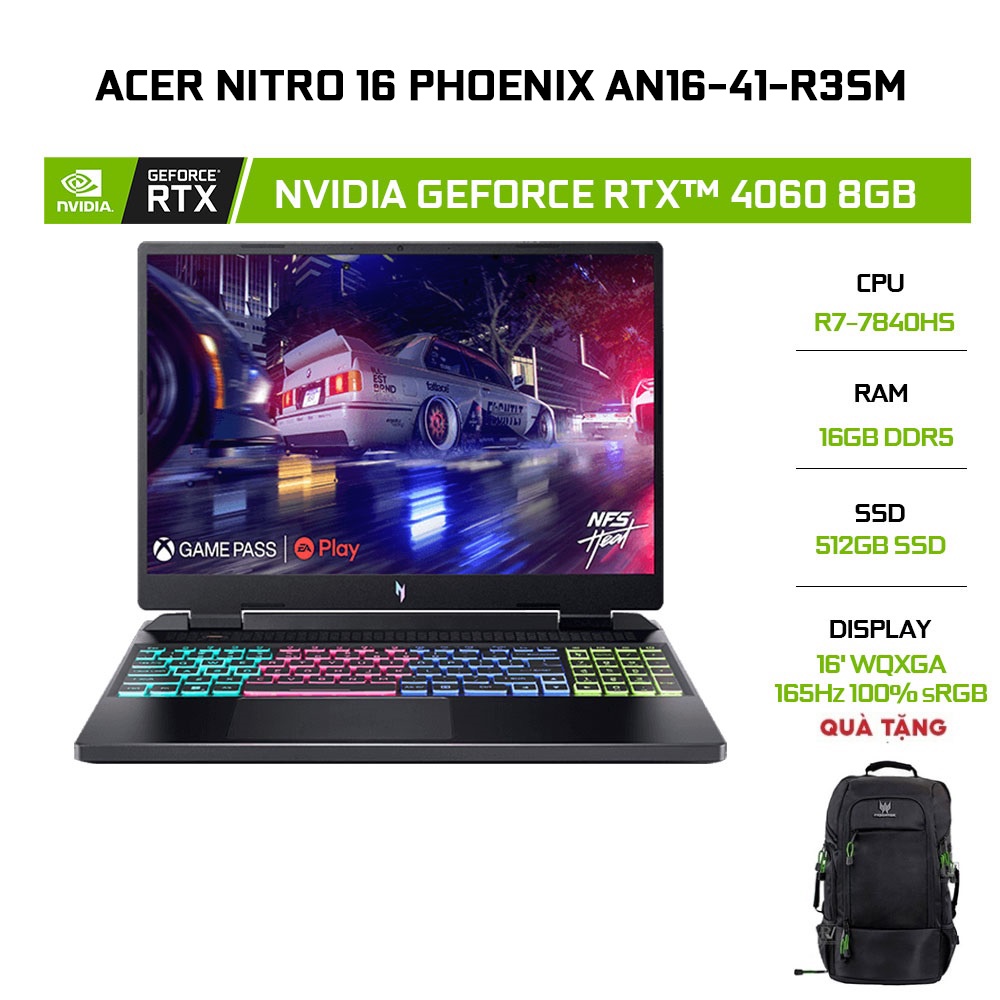Laptop Acer Nitro 16 Phoenix AN16-41-R3SM R7-7840HS|16GB|512GB|RTX™ 4060 8GB|16'