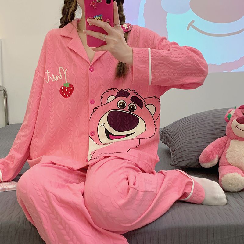 Bộ Đồ Ngủ Chất Cotton Tay Dài In Họa Tiết Trái Dâu Tây Dễ Thương Thời Trang Xuân Thu Cho Nữ