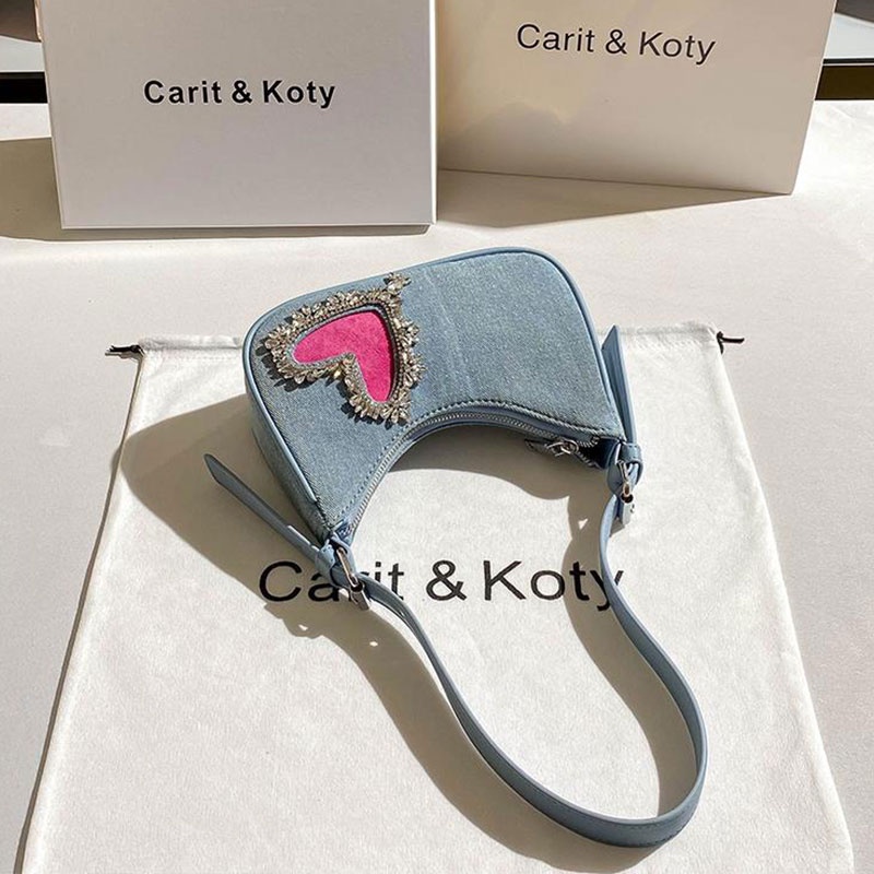 Túi đeo vai kẹp nách FOREVER LENGRUI dáng lưỡi liềm denim đính đá thời trang phong cách Pháp ngọt ngào tươi mới