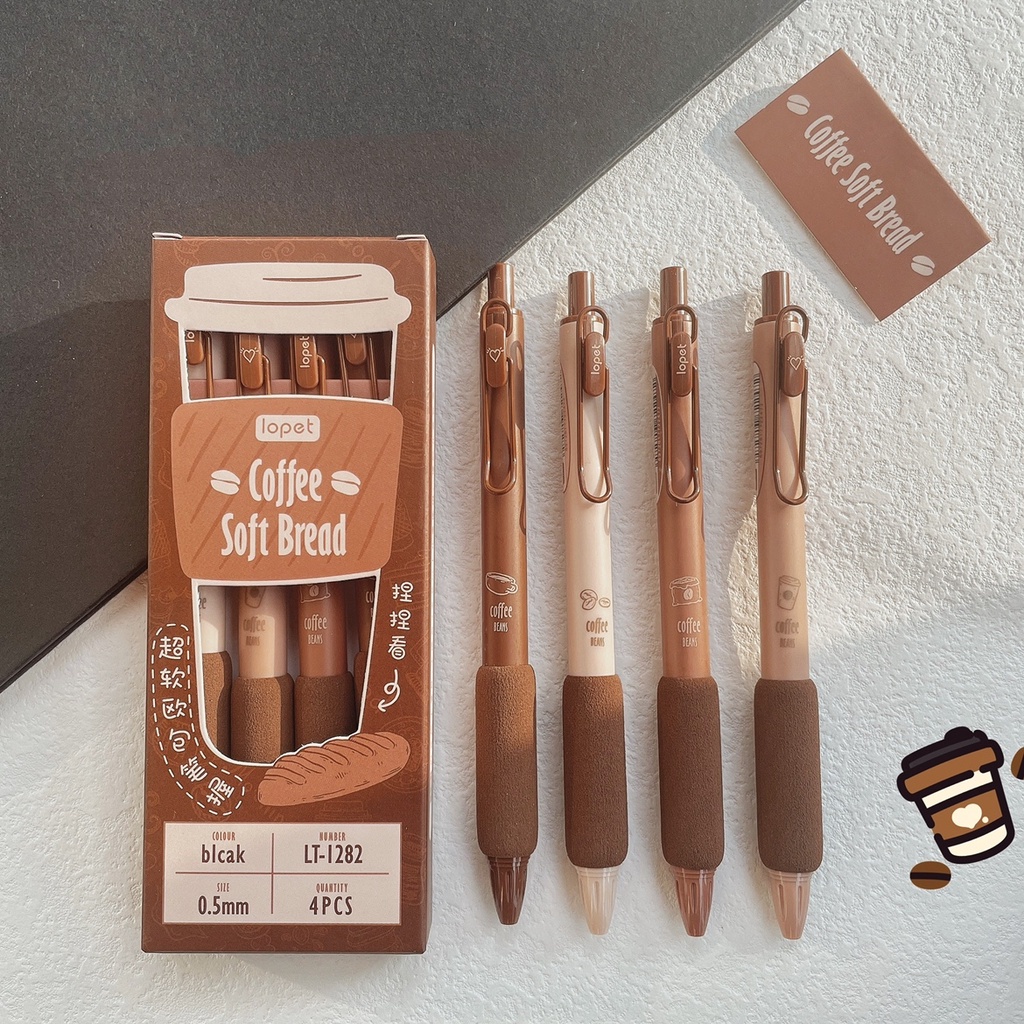 Bút Gel Bấm LOPET COFFEE Mực Đen Ngòi 0.5mm Phù Hợp Viết Sổ Calligraphy, Mực đều viết siêu êm