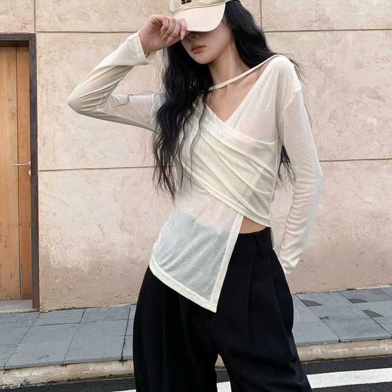 HUIZUMEI Áo Thun Tay Dài Mỏng Xuyên Thấu Quyến Rũ Dễ Phối Đồ Cho Nữ