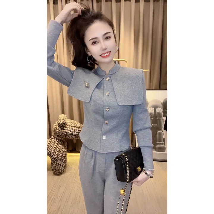 Set Áo Vest Tay Dài Dáng Ôm Màu Xám Phong Cách Châu Âu Thời Trang Sang Trọng Cho Nữ