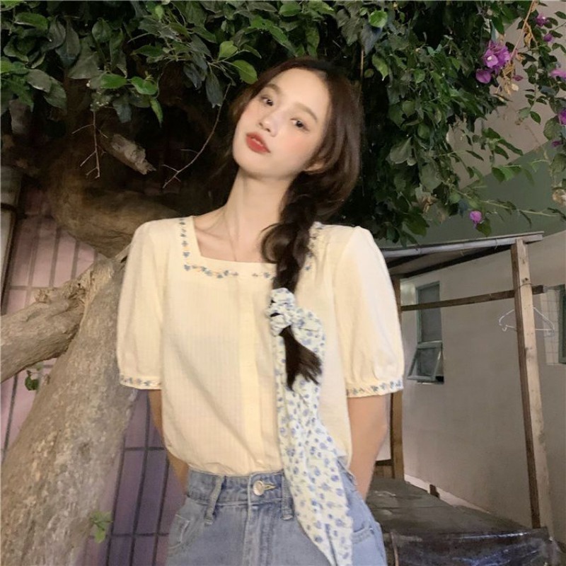 Áo Sơ Mi Ngắn Tay Cổ Vuông Thêu Hoa Thời Trang Mùa Hè Dành Cho Nữ