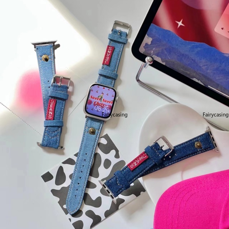 Dây Đeo Đồng Hồ Bằng Da Và Denim Cho iWatch Series 42mm 41mm 40mm 44mm 45mm 38mm 49mm Ultra 8 7 6 5 4 SE