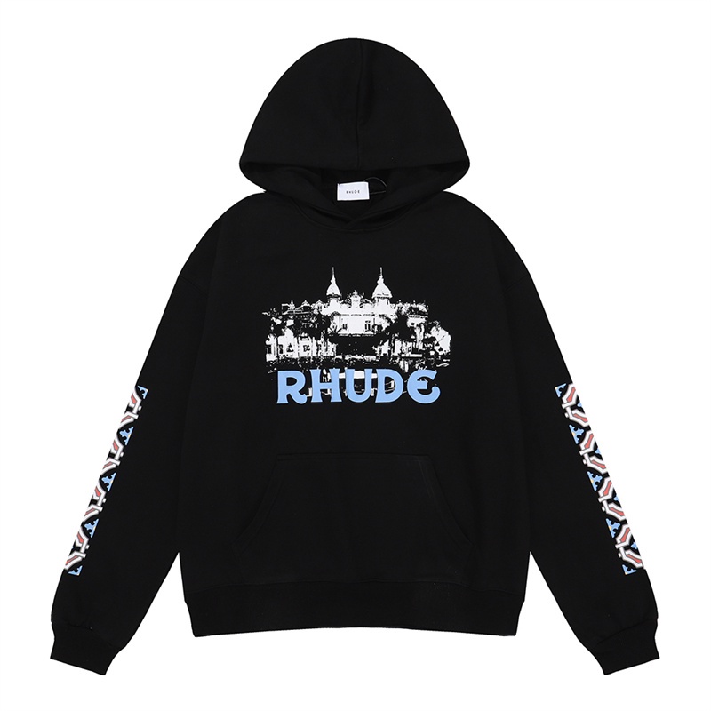 Xu hướng cổ điển rhude cặp đôi thời trang cotton terry hoodies độ nét cao lâu đài in thường dài tay áo chui đầu áo khoác nỉ có mũ trùm đầu cộng với kích thước unisex