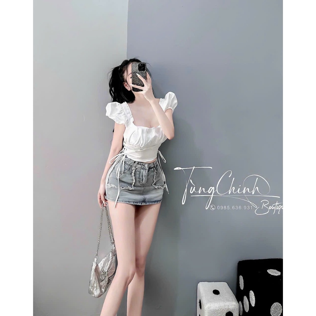 Áo Kiểu Nữ Tay Bèo Đan Dây Hai Bên Eo Xinh Xắn KXT0056